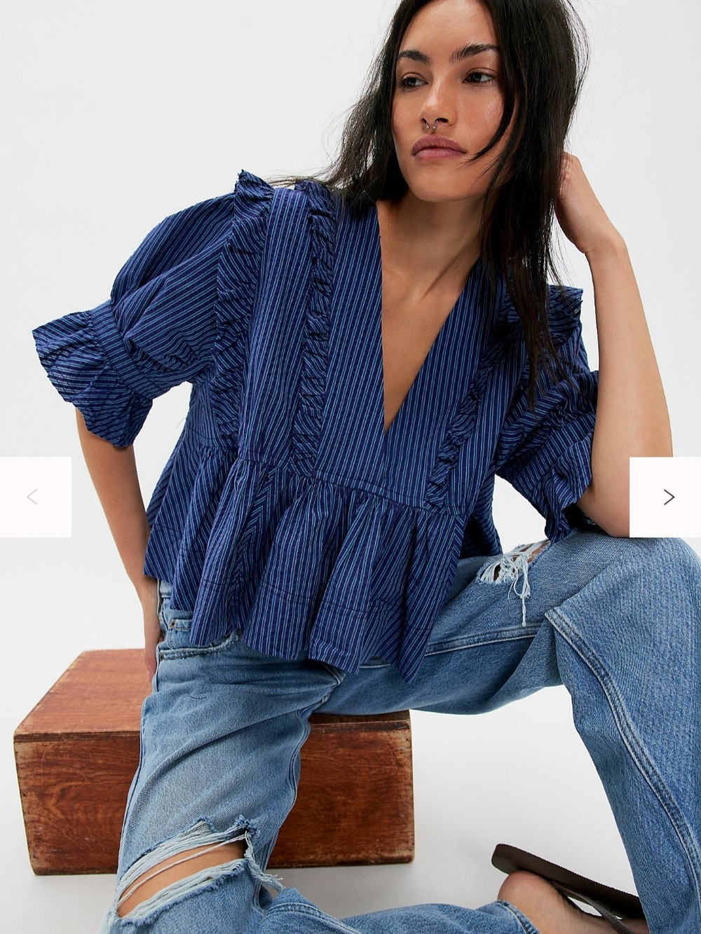 Free People We The Free Miley Navy Striped V-Neck Peplum Blouse Cotton